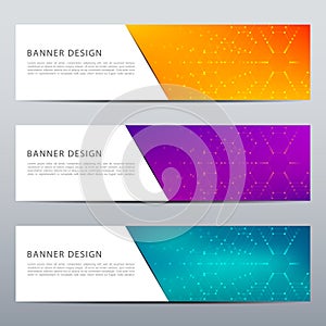 Set of abstract banner design, dna molecule structure background. Geometric graphics and connected lines with dots