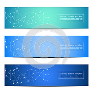 Set of abstract banner design, dna molecule structure background. Geometric graphics and connected lines with dots