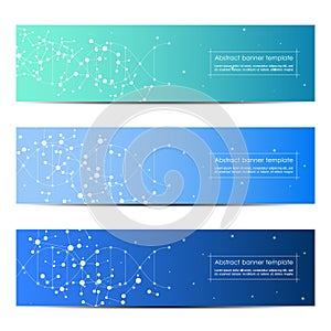 Set of abstract banner design, dna molecule structure background. Geometric graphics and connected lines with dots