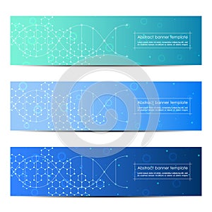 Set of abstract banner design, dna molecule structure background. Geometric graphics and connected lines with dots