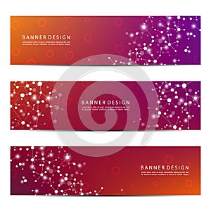 Set of abstract banner design, dna molecule structure background. Geometric graphics and connected lines with dots