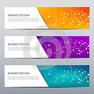 Set of abstract banner design, dna molecule structure background. Geometric graphics and connected lines with dots
