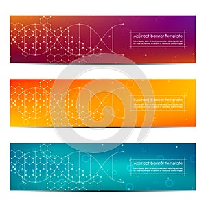 Set of abstract banner design, dna molecule structure background. Geometric graphics and connected lines with dots