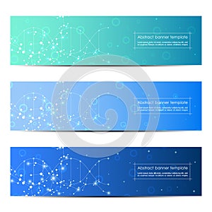 Set of abstract banner design, dna molecule structure background. Geometric graphics and connected lines with dots