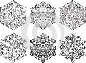 Set of 6 abstract black lace designs in mono line style -