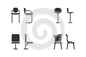 Set of abstract black and white chair icon for office room. Front view and side view of different chair flat style, vector illustr