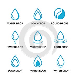 Set of abstract blue water logo design, line emblems of drop and drop round symbol