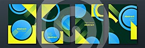 Set of abstract blue yellow cover vector backgrounds with line waves and geometric abstract shapes. Vector illustration. Suit for