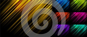 Set of abstract blue, yellow, green, red, pink, purple stripe diagonal lines light on black background