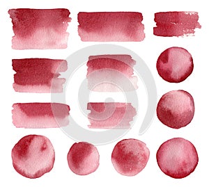 Set of abstract burgundy watercolor stains and brushstrokes