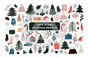 Set of abstract christmas new year winter icons xmas tree, gifts, balls, snowflake