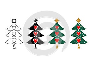 Set of abstract Christmas tree icons decorated with three hearts