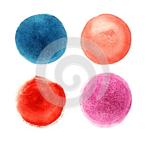 Set of abstract circle paint stains of purple, blue, pink and red colors isolated on white background. Watercolor brush stroke