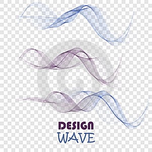 Set of abstract color smoke waves transparent blue and purple wavy design.