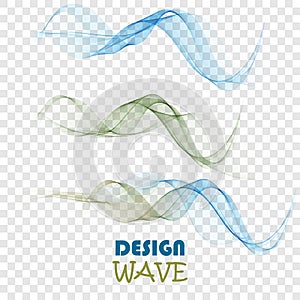 Set of abstract color smoke waves transparent green and blue wavy design.