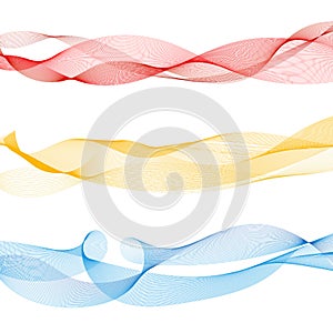 Set of abstract colorful smooth wave lines red, yellow, blue on white background