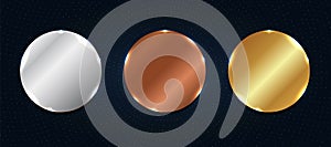 Set of abstract copper, silver, gold shiny metallic circle label or badges with particles elements on dark blue background