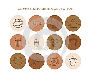 Set of abstract creative backgrounds coffee linear icons.
