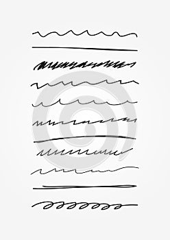 Set of abstract curved lines. Doodle, sketch, scribble. Underline drawn by hand.