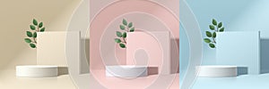 Set of abstract 3D background with beige, blue, pink realistic cylinder podium. Square partition and green leaf. Vector rendering