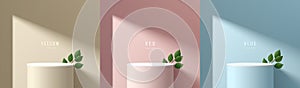 Set of abstract 3D background with beige, blue, pink realistic cylinder stand podium and green leaf decorate. Vector render