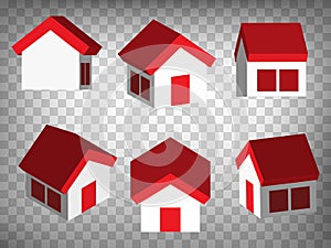 Set of abstract 3d  houses icons. 3d house model with red roof and windows. House 3d icon illustration with different views and an photo