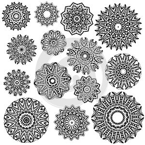 Set of abstract design element. Round mandalas in vector. Graphic template for your design. Decorative retro ornament. Hand drawn
