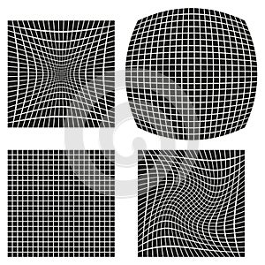 Set of abstract distorted wireframe grid backgrounds. Optical illusion textures.