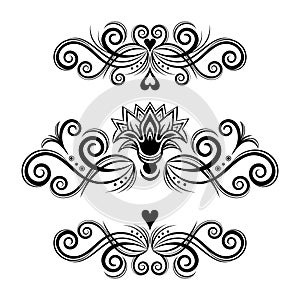 Set abstract floral ornament, delimiter, frame, border, pattern, black and white drawing with curls, swirl, flower, hear,