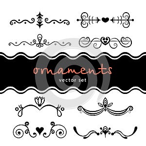 Set abstract floral ornament, delimiter, frame, border, pattern, black and white drawing with curls, swirl, flower, hear,