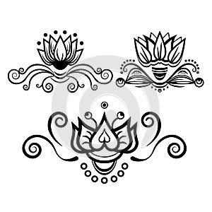 Set abstract floral ornament, delimiter, frame, border, pattern, black and white drawing with curls, swirl, flower, leaf,