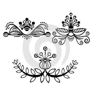 Set abstract floral ornament, delimiter, frame, border, pattern, black and white drawing with curls, swirl, flower, leaf,