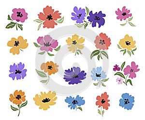 A set of abstract flowers with leaves. Vector illustration.