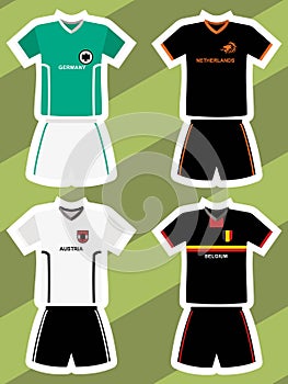 Set of abstract football jerseys, Germany, Netherlands, Austria and Belgium