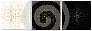 Set of abstract geometric seamless circle simple lines floral pattern luxury of black,white,and gold background