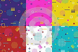 Set of abstract geometric seamless pattern in Memphis style. Fashion 80s-90s trends designs, Retro funky graphic with