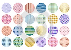 Set of abstract geometric seamless patterns. Polka dot, stripes and plaid. Colorful retro pop circular icon. Vector illustration.