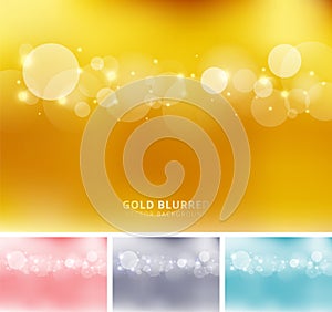 Set of abstract gold, pink, gray, blue color blurred background with circles bokeh and sparkle. Copy space