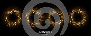 Set of abstract golden glittering halftone circles. Luxurious glowing dots circles for a disco party. Festive round frames for