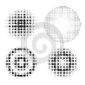Set of abstract halftone design elements. Gradient black dot circles template isolated on white background.