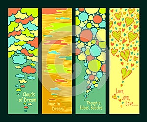 Set of abstract hand drawn banners with clouds bubbles and hearts in full colors