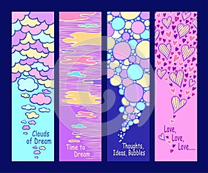 Set of abstract hand drawn banners with clouds bubbles and hearts in full colors