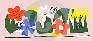 Set of abstract hand drawn doodle flowers. Modern collage of blooming geometric plants for pre-made poster or print