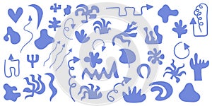 Set of abstract hand drawn objects and elements on a white background.Various arrows and tropical, abstract shapes for