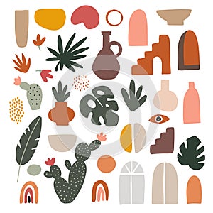 Set of abstract hand drawn shapes, leaves, flowers, geometric elements. Flat modern artistic, minimalist design. Cactus