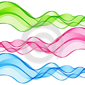 Set of Abstract Isolated Green, Pink, Blue Wave Lines for White