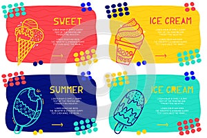 Set Abstract landing page pattern with different element, text block and doodle ice cream icon. Vector fun background