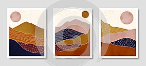 Set of Abstract Landscape of Mountains with the Sun in a Minimal Trendy Style. Vector Background in Terracotta Colors