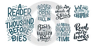 Set with abstract lettering about books and reading for poster design. Handwritten letters. Typography funny quotes. Vector