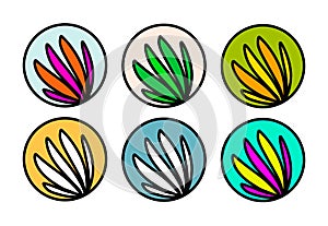 Set of abstract line icons logotypes in cartoon doodle style hand drawn leaves plants